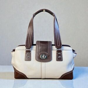 Coach Hampton White Chocolate Brown Turnlock Satchel Shoulder Bag